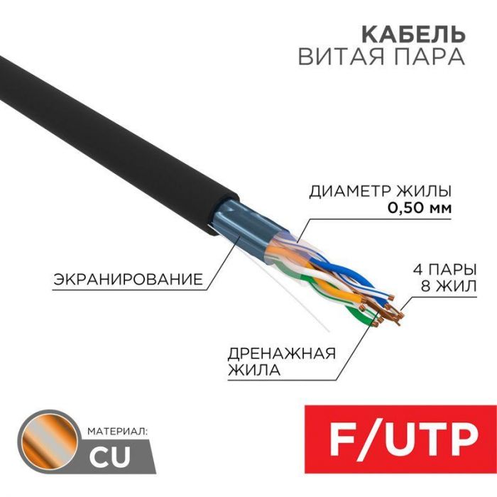 Кабель витая пара F/UTP 4х2х24AWG кат.5E solid CU PE Outdoor черн. (м) Rexant 01-0146