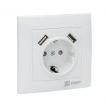 Розетка 1-м СП Валенсия 16А IP20 с заземл. защ. шторки с 2-мя заряд. устройствами USB 2.1А бел. PROxima EKF EWR16-028-10-2USB